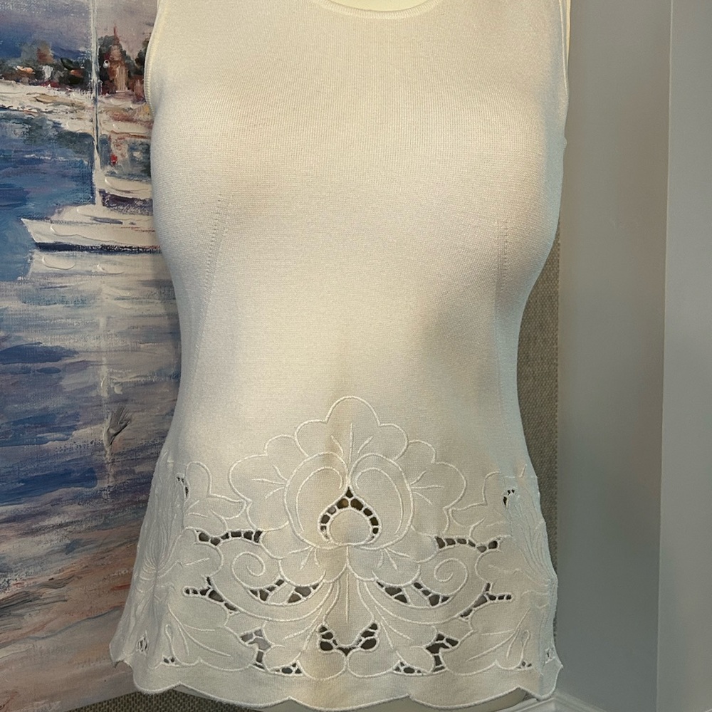 Ann Taylor Cream Embroidered peplum knit Top
